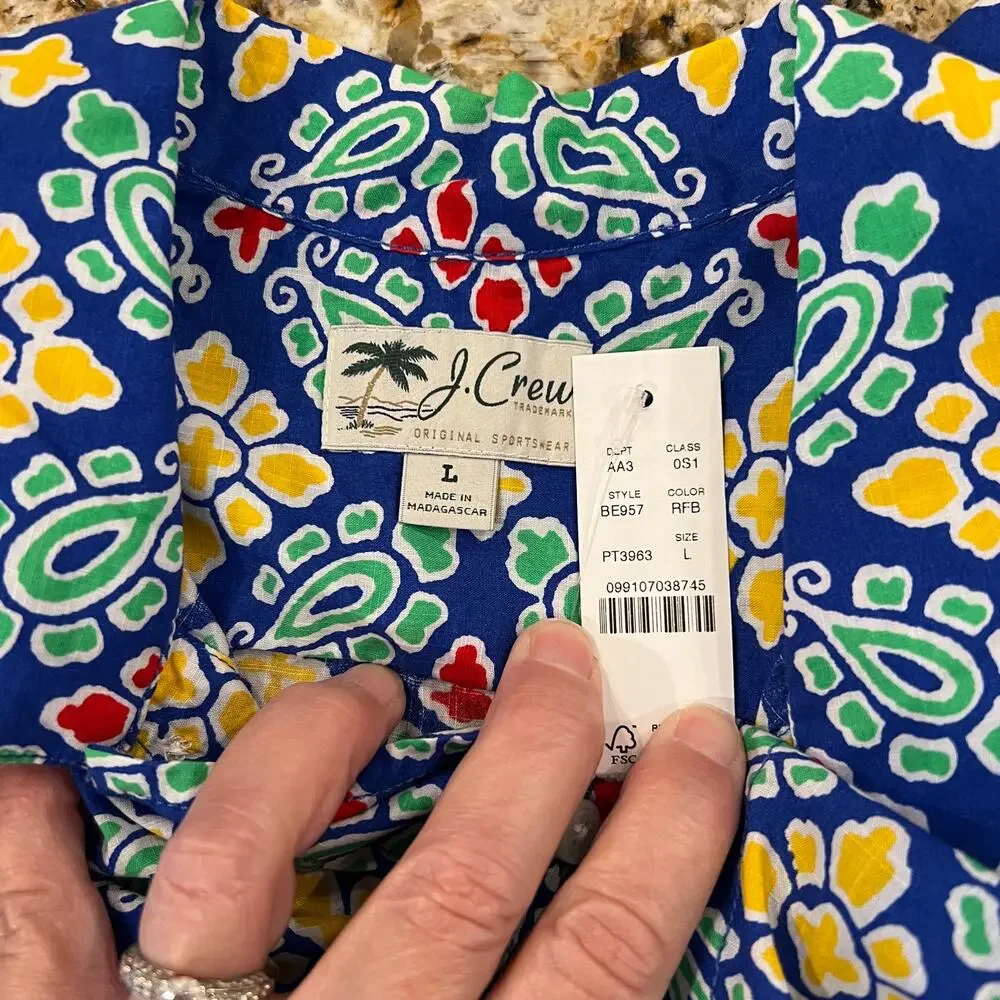 NWT J. Crew Blue Floral Short-Sleeve Slub Cotton Camp-Collar Shirt - SIZE M